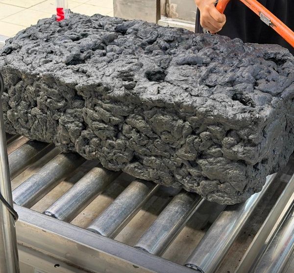 Large rough black charcoal block on metal rollers.
