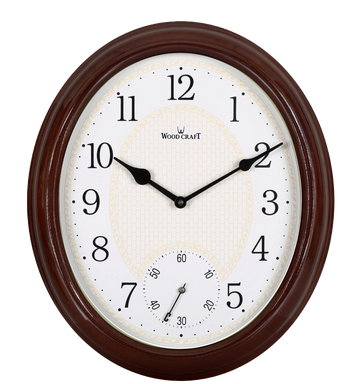 Oval wooden wall clock with a dark brown frame having a shiny look. Low sound stroke quartz movement
