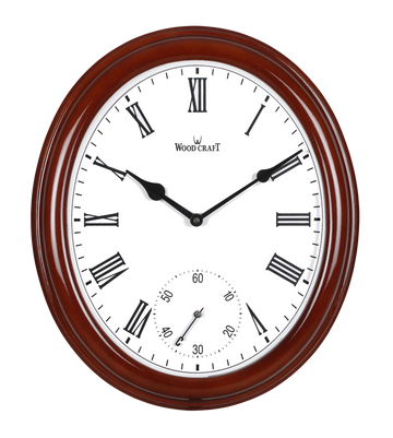 Oval wooden wall clock with a brown frame having a shiny look. Low sound stroke quartz movement