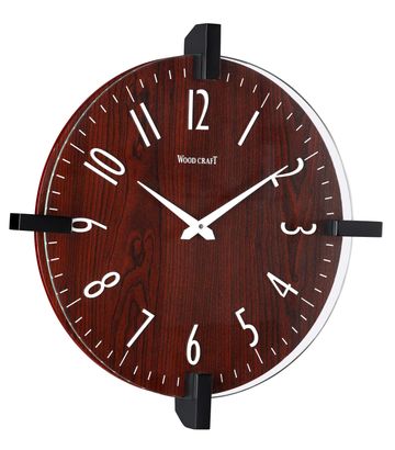 Wood & glass wall clock. Dark brown wooden frame has glass fitted over it. 16 inch in diameter