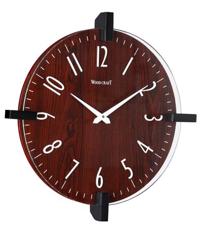 Wood & glass wall clock. Dark brown wooden frame has glass fitted over it. 16 inch in diameter