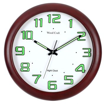 Night glow wooden wall clock of dark brown colour has a thick frame. It has a silent sweep mechanism