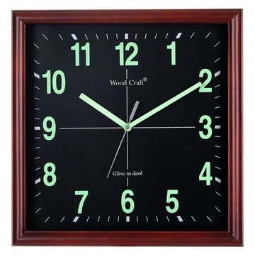 Square night glow wooden wall clock having a dark brown frame & fitted with a silent sweep movement