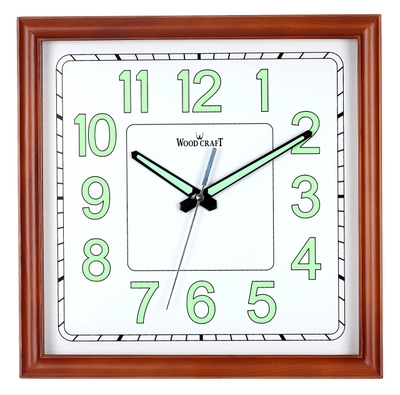 Square shape night glow wooden wall clock having a brown frame & fitted with a silent sweep movement