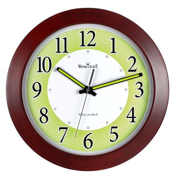 Round night glow wooden wall clock having a dark brown frame & fitted with a silent sweep mechanism