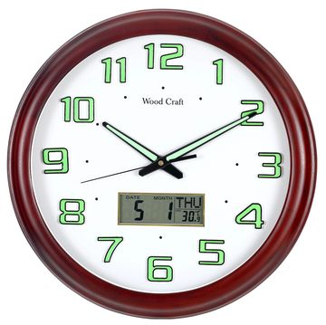 Night glow wooden wall clock with analog and digital display. Fitted with a silent sweep movement