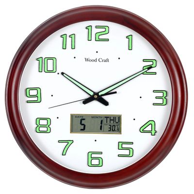 Night glow wooden wall clock with analog and digital display. Fitted with a silent sweep movement