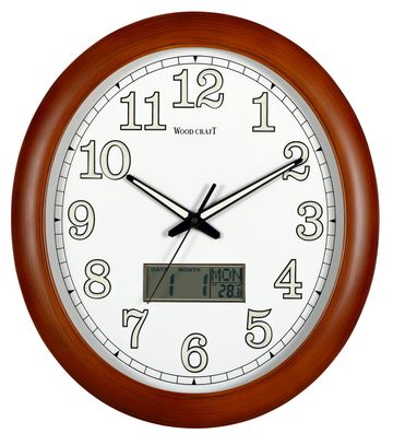 Oval night glow wooden wall clock with analog & digital display. Fitted with a silent sweep movement