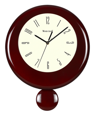 Round-shaped stylish wooden pendulum wall clock with stroke quartz mechanism. Dark brown wood frame.
