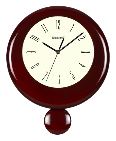 Round-shaped stylish wooden pendulum wall clock with stroke quartz mechanism. Dark brown wood frame.