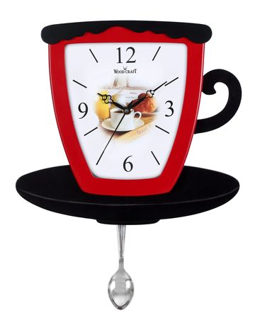 Stylish pendulum clock in the shape of cup & saucer/plate. Wooden clock frame of red colour