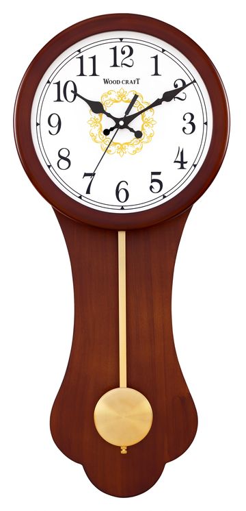 Vintage wooden pendulum wall clock of brown colour. Has a wooden frame with a decorative dial