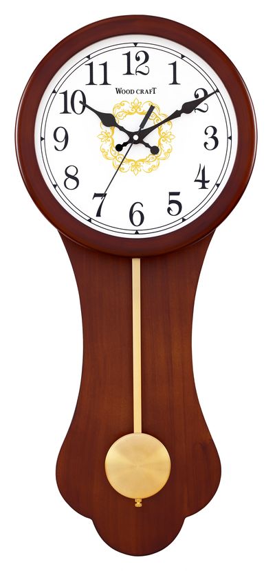 Vintage wooden pendulum wall clock of brown colour. Has a wooden frame with a golden metal pendulum