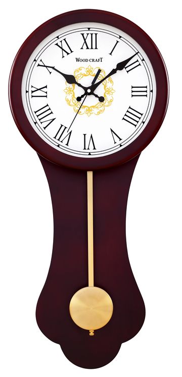 Vintage wooden pendulum wall clock of dark brown colour. Has a wooden frame with a decorative dial
