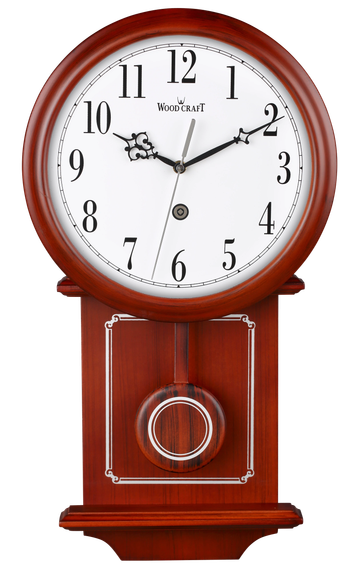 Vintage wooden pendulum wall clock of brown colour. Has a wooden frame with a decorative dial