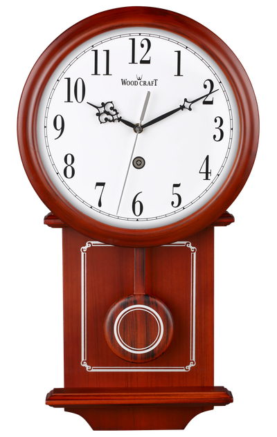 Modern wooden pendulum wall clock of brown colour. Has a wooden frame with a classic white dial