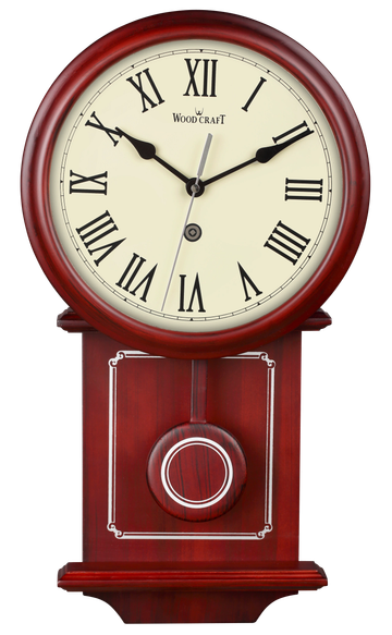 Vintage wooden pendulum wall clock of dark brown colour. Has a wooden frame with a roman number dial