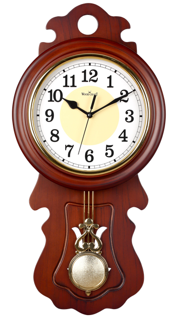 Vintage wooden pendulum wall clock of brown colour. Has a stylish wooden frame and a decorative dial