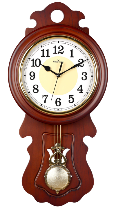 Vintage wooden pendulum wall clock of brown colour. Has a stylish wooden frame and a decorative dial