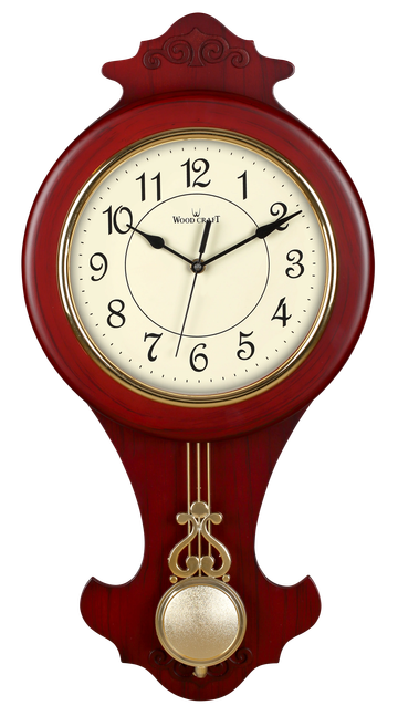 Vintage wooden pendulum wall clock of brown colour. Has a wooden frame with a golden metal pendulum