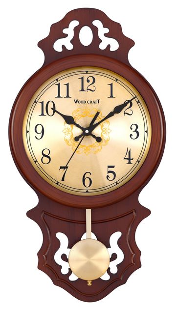 Vintage wooden pendulum wall clock of brown colour. Has a wooden frame with a golden metal pendulum