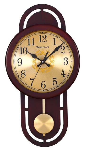 Vintage wooden pendulum wall clock of brown colour. Has a wooden frame with a golden metal pendulum