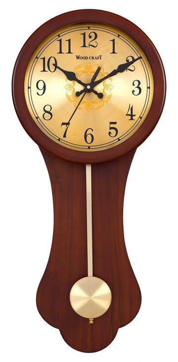 Vintage wooden pendulum wall clock of brown colour. Has a wooden frame with a golden metal pendulum