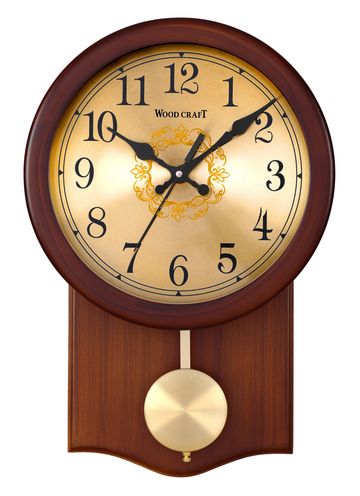 Vintage wooden pendulum wall clock of brown colour. Has a wooden frame with a golden metal pendulum