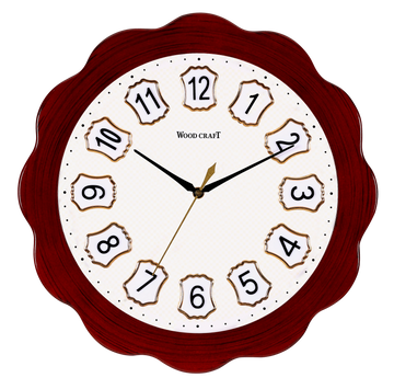 Designer style round wooden wall clock having a dark brown shiny frame. Silent sweep quartz movement