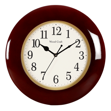 Round-shaped wooden clock of medium size. Shiny wooden frame that will suit any type of furniture. 