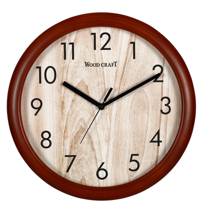 Round-shaped wooden wall clock with a wooden texture dial. Brown frame with a light brown dial