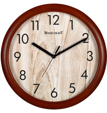 Round-shaped wooden wall clock with a wooden texture dial. Brown frame with a light brown dial