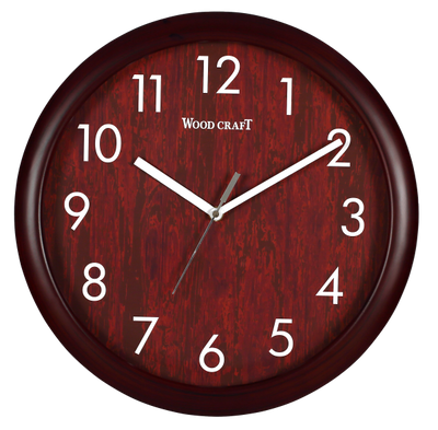 Round wooden wall clock with a wooden texture dial. Dark brown frame with a rosewood colour dial