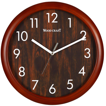 Round wooden wall clock with a wooden texture dial. Brown wooden frame with a dark brown dial