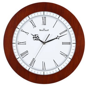 Wooden wall clock of brown colour with white dial and Roman numbers. Has a silent sweep mechanism