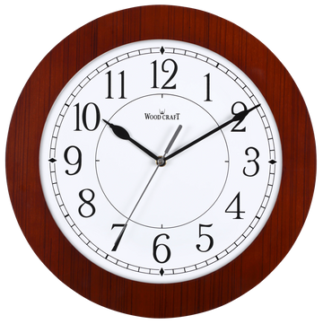 Round clock of brown colour which is 33.5 cm in diameter. Silent, light weight clock weighing 1 kg. 