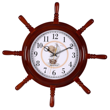 Large size wooden wall clock of ship wheel shape in a brown frame with a silent sweep movement