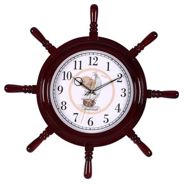 Large size wooden wall clock of ship wheel shape in a dark brown frame with a silent sweep movement