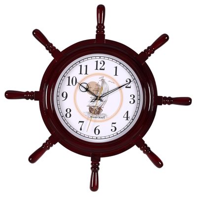 Large size wooden wall clock of ship wheel shape in a dark brown frame with a silent sweep movement