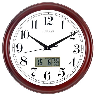 Analog + Digital display wooden wall clock. Dark brown pine wood frame, day and date display