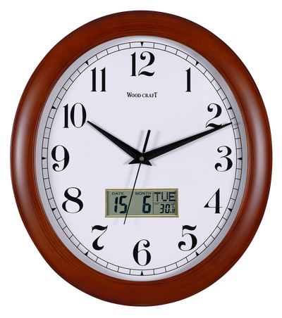 Oval shape Analog + Digital display wooden wall clock. Brown frame, day date and temperature display