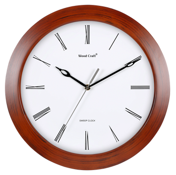 Round, wooden, brown clock with a sleek/slim frame. Wooden frame has a natural look. Silent clock.