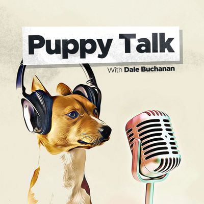 Illustration of a dog with headphones and a microphone for a podcast titled 'Puppy Talk'.