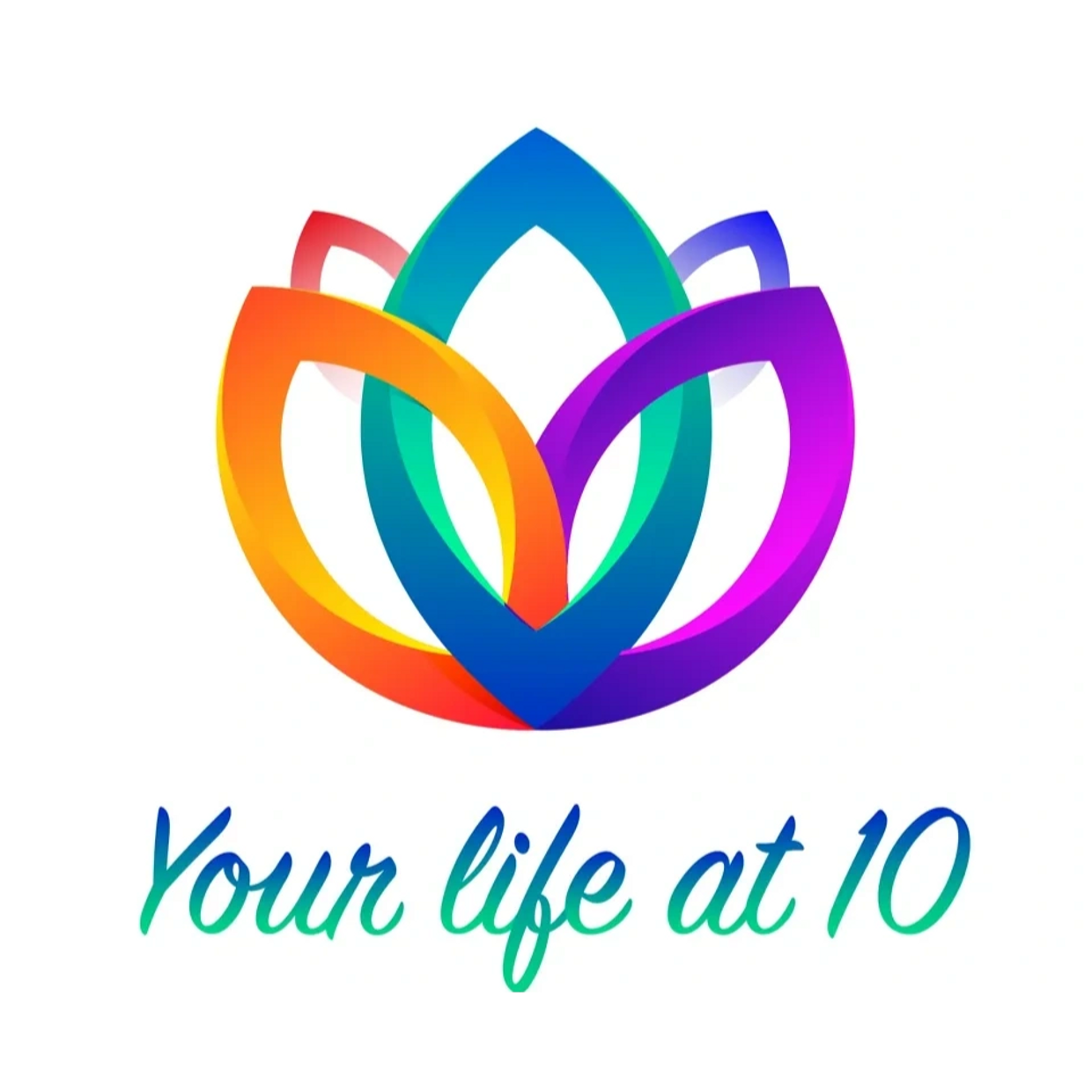 Your Life at 10 Logo: A multicolor lotus flower 