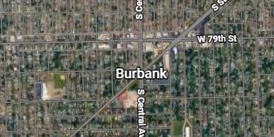 Aerial view of Burbank neighborhood with streets and houses.