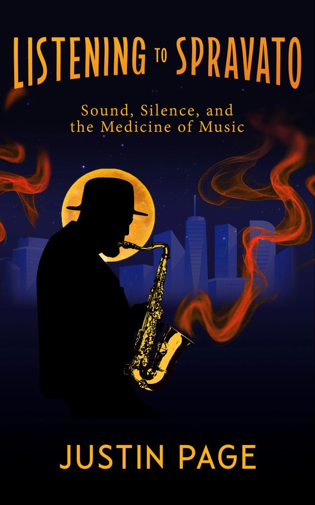 Silhouette of a saxophone player against a city skyline and full moon.