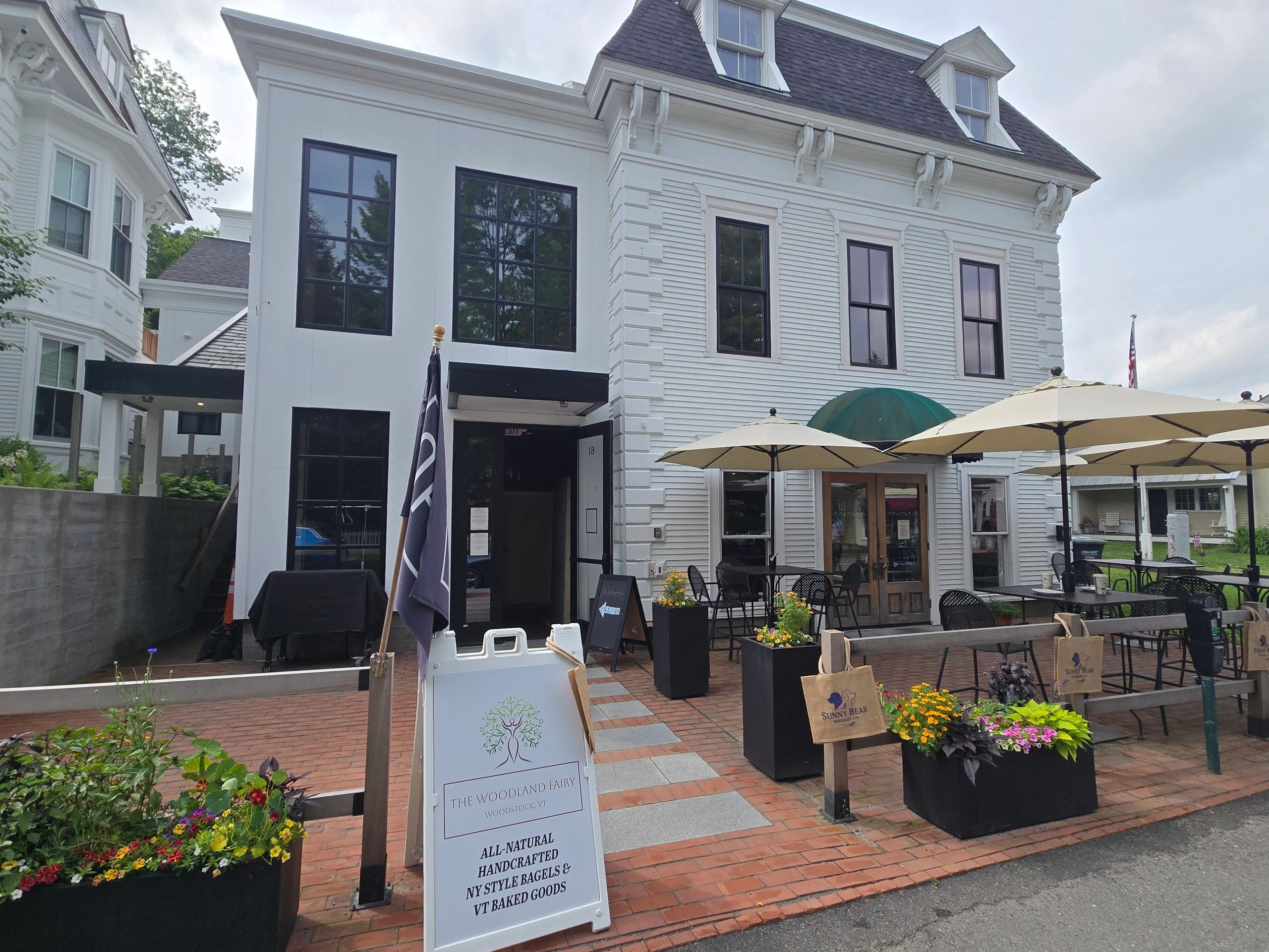 Outdoor seating area of The Woodland Fairy bakery in Woodstock, VT.
