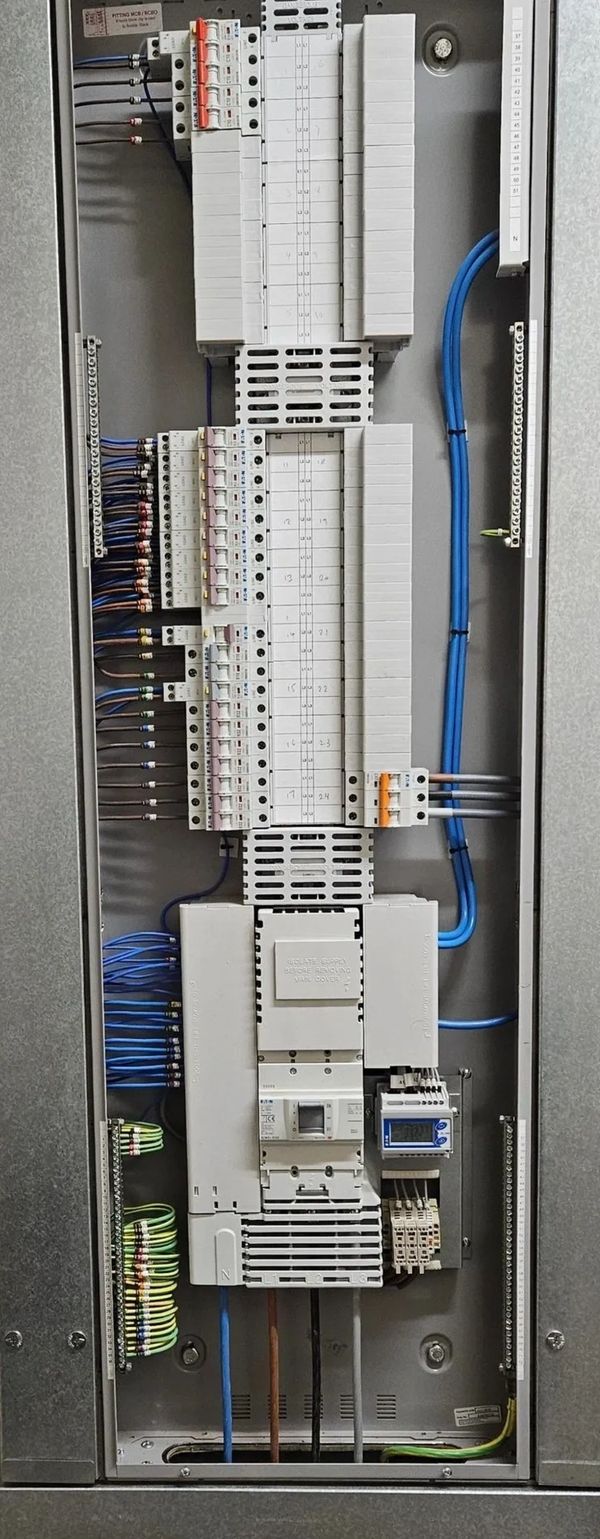 Eaton three phase, split load distribution board, with integral metering.