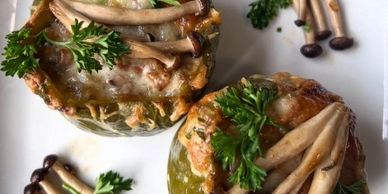 Emerald Mushroom Farm Mushroom and Bacon Burger Stuffed Peppers