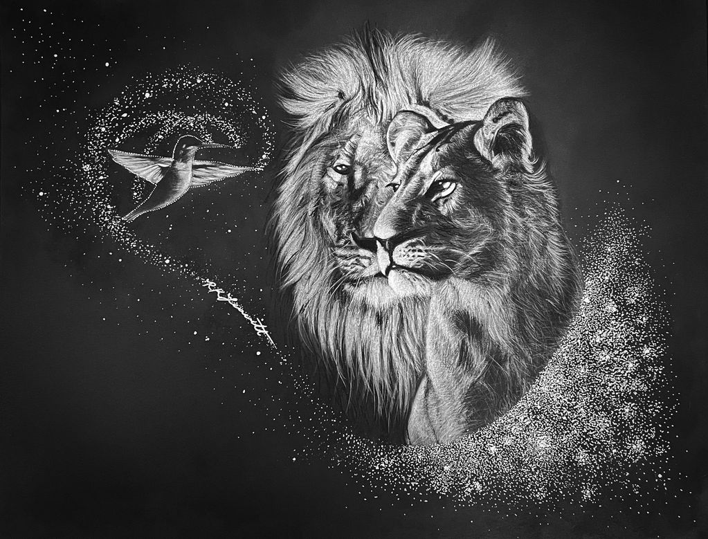 Black and white drawing of a lion, lioness, and bird with sparkles.